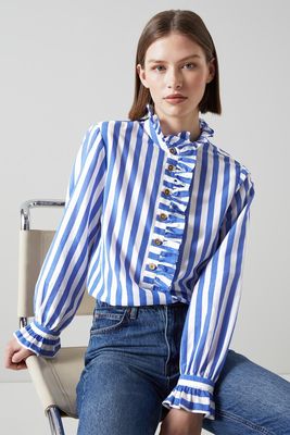 Camille Blue & White Stripe Cotton-Silk Ruffle Blouse from LK Bennett