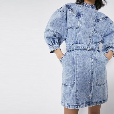 Washed Denim Popper Detail Belted Dress from Warehouse