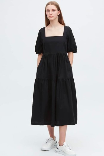 Linen Blend Shirring Volume Sleeved Dress 