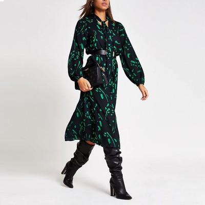 Green Printed Tie V Neck Midi Dress