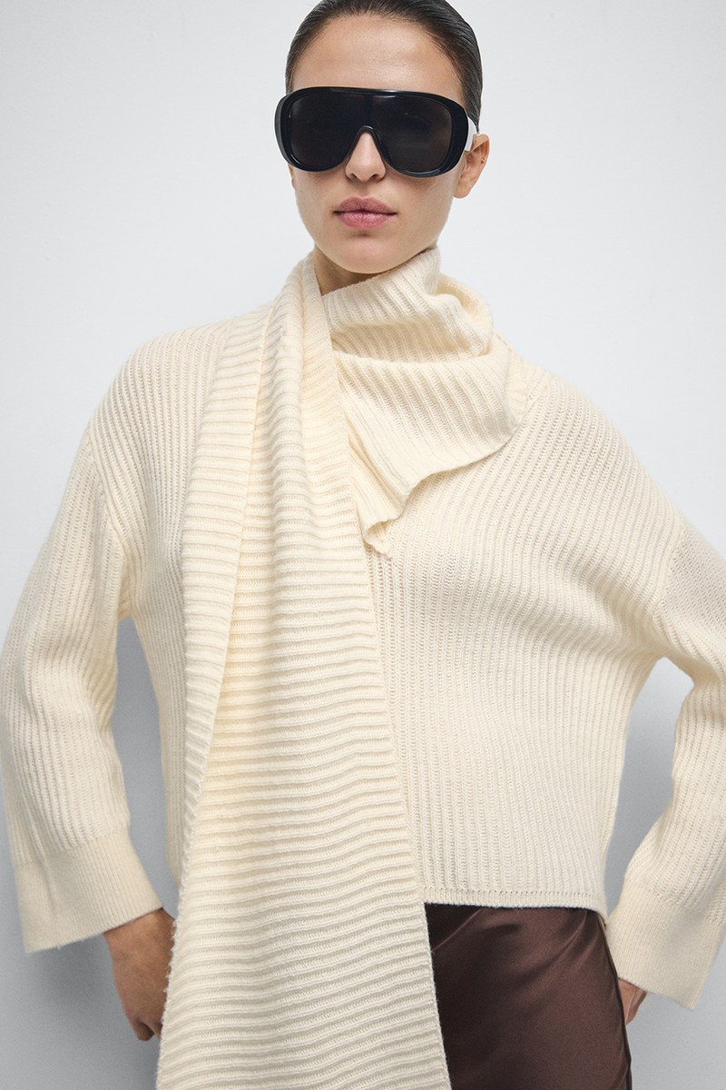 Ribbed Sweater With Scarf Detail