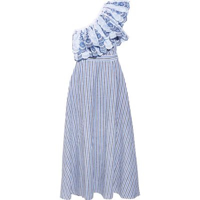 Belle One-Shoulder Striped Cotton & Linen-Blend Midi Dress