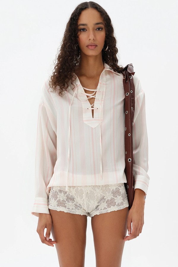Lindy Striped Open-Collar Lace-Up Shirt