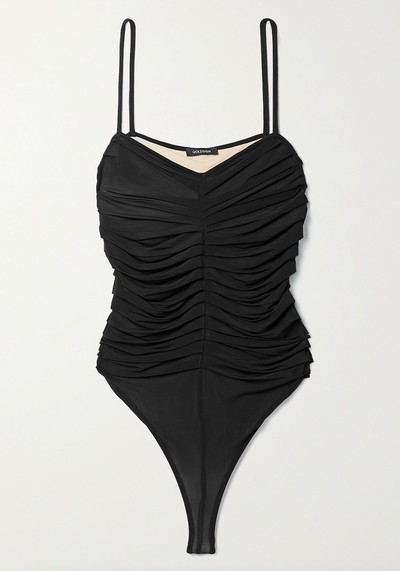 The Hutton Ruched Stretch-Jersey Thong Bodysuit from Goldsign