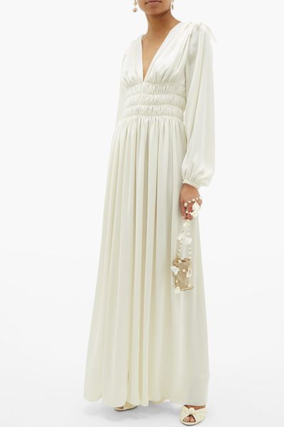 Shirred-Waist Ruched-Shoulder Satin Dress from Maison Rabih Kayrouz