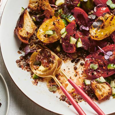 Grilled Tomatoes, Gratin & Lentil Mix With Pickled Cucumber Dressing & Sourdough Croutons