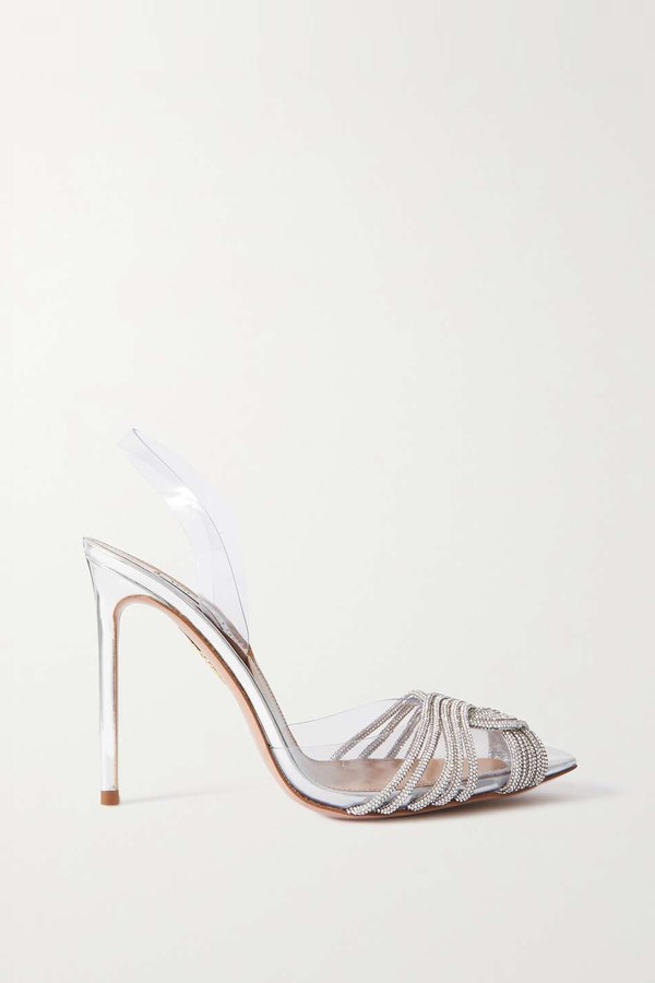 Gatsbi 105 Crystal-Embellished PVC & Metallic Leather Slingback Pumps from Aquazzuri