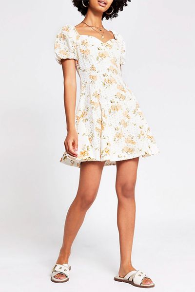 Orange Short Sleeve Printed Broderie Dress