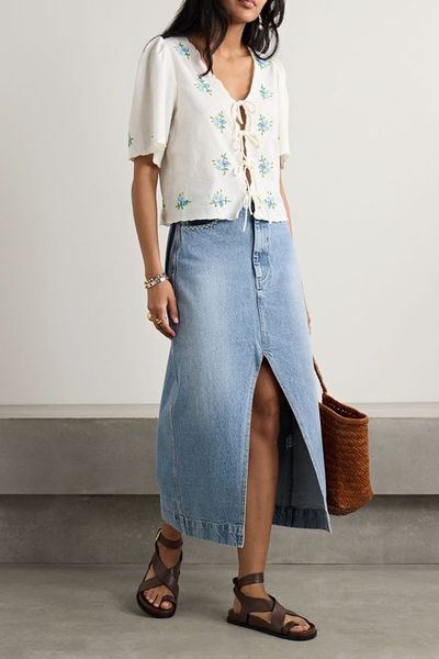 Marion Embroidered Denim Midi Skirt from Sea