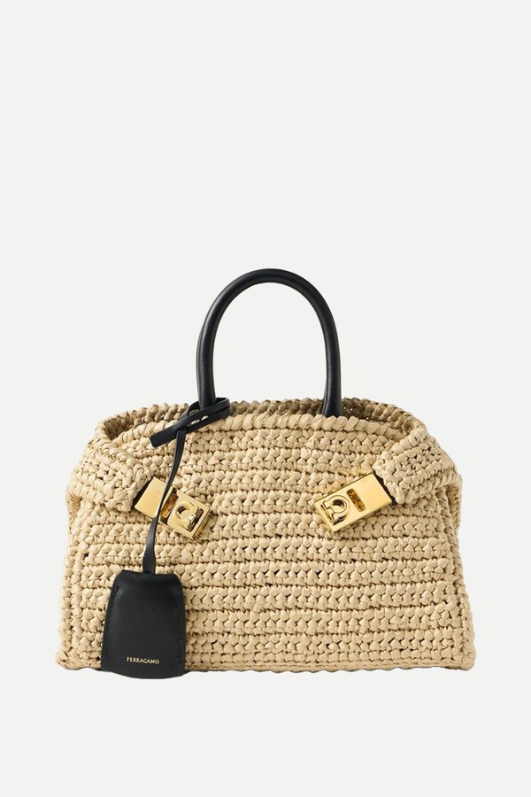 Hug Mini Leather-Trimmed Raffia Tote from Ferragamo 