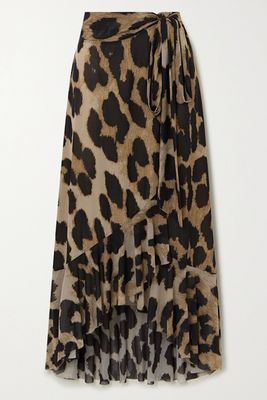 Ruffled Leopard-Print Stretch-Mesh Wrap Skirt from Ganni