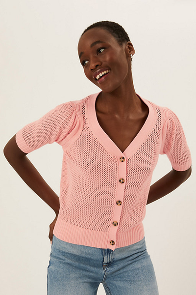 Cotton Rich V-Neck Short Sleeve Cardigan