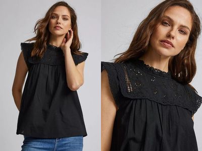 Black Frill Broderie Cotton Top