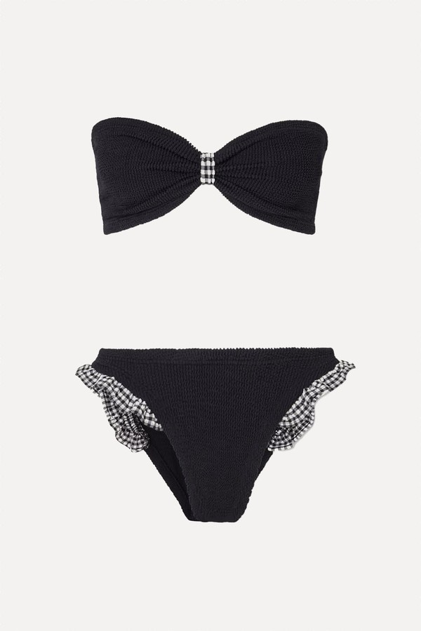 Jean Ruffled Gingham-Trimmed Seersucker Bandeau Bikini from Hunza G 