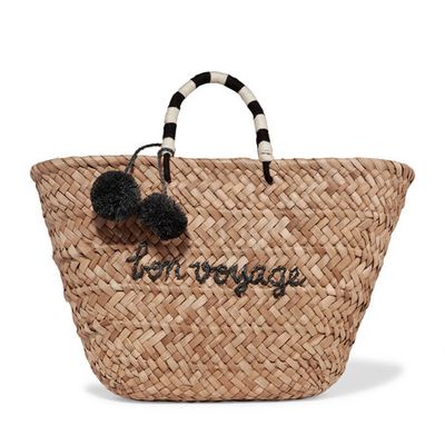 St Tropez Pompom-Embellished Embroidered Woven Straw Tote from Kayu