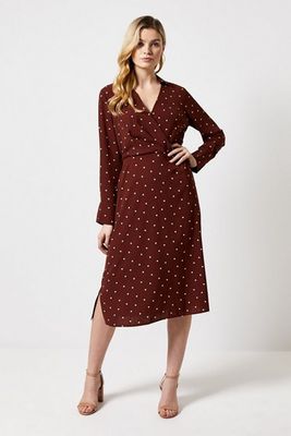 Brown Spot Print Collar Midi Dress