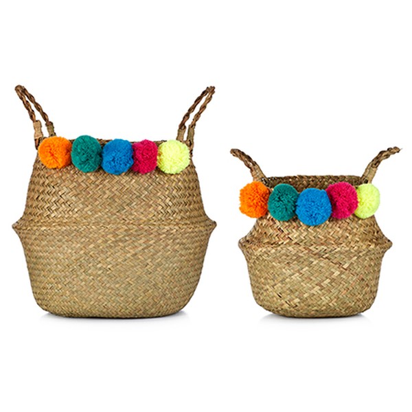 Set of 2 Weaved Belly Baskets With Pom Poms