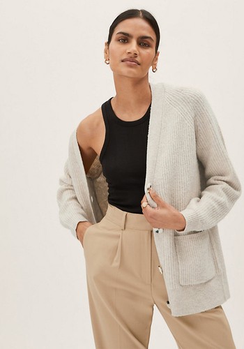 Ribbed V-Neck Relaxed Longline Cardigan