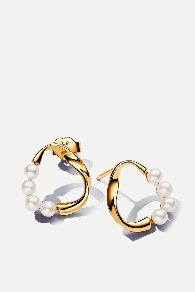 Organically Shaped Circle & Treated Freshwater Cultured Pearls Stud Earrings