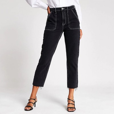 Black Contrast Stitch Straight Leg Jeans