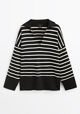 Polo-Style V-Neck Stripe Sweater