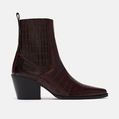 Mock Croc Print Leather Ankle Boots from Zara