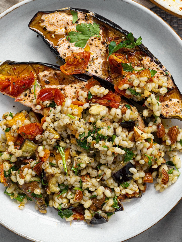 Pearl Barley, Roasted Aubergine & Sweet Potato Salad