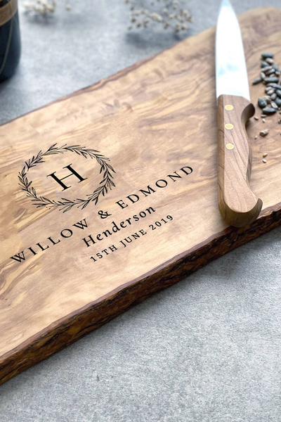 Personalised Olive Wood Wedding Gift Chopping Board from The Rustic Dish®