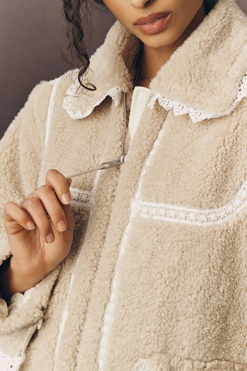 Sherpa Fleece Lace-Trim Crop Jacket from Anthropologie