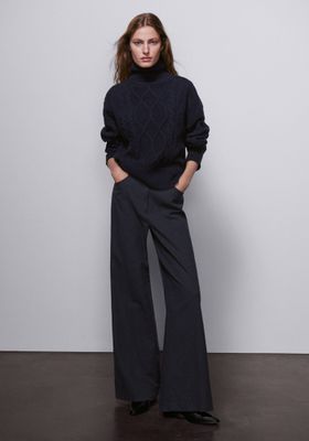 High-Neck Cable Knit Wool Sweater