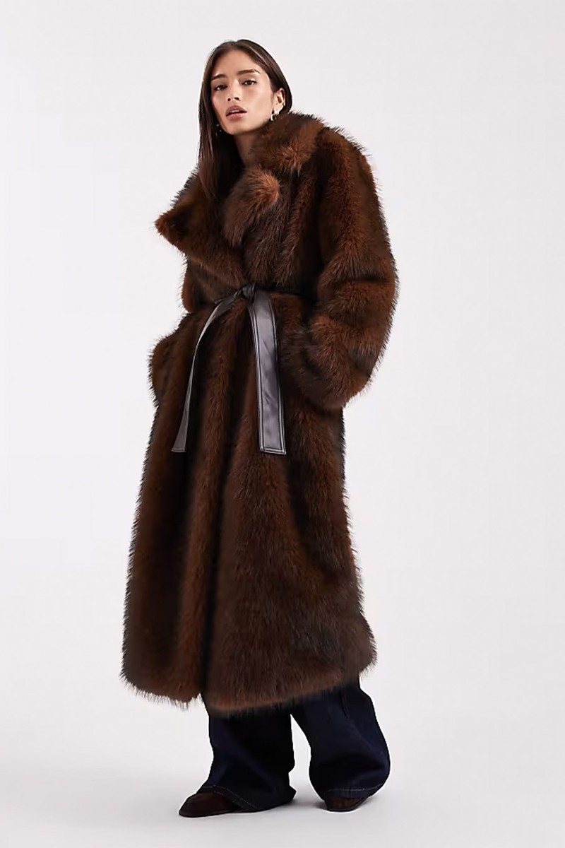 Longline Faux Fur Belted Jacket  from ASOS DESIGN