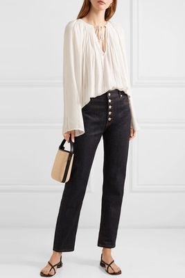 Lattice-Trimmed Crepe De Chine Blouse from Frame