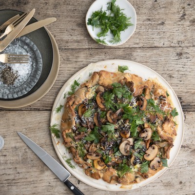 Buckwheat Galette Filled With Mushrooms, Ricotta, Lemon Zest & Spring Green Herbs