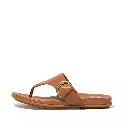 Gracie Buckle Leather Toe-Post Sandals Light Tan