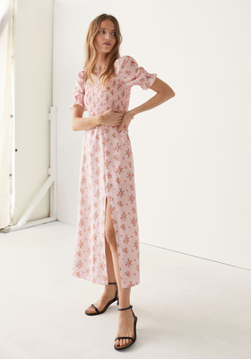 Printed Puff Sleeve Linen Midi Dress