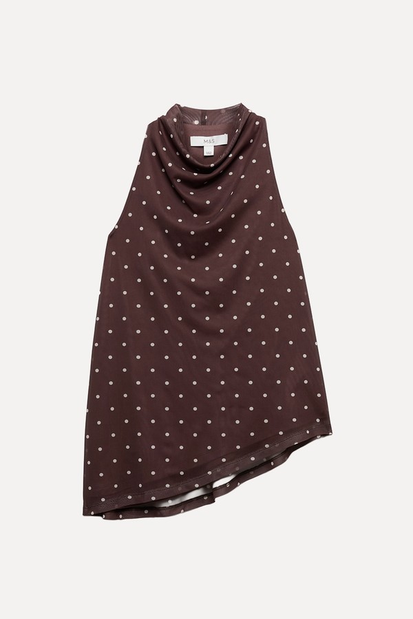Mesh Polka Dot Cowl Neck Asymmetric Drape Vest