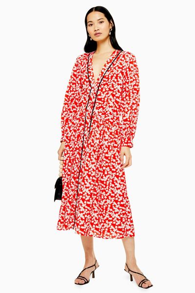 Red Printed Smock Dress