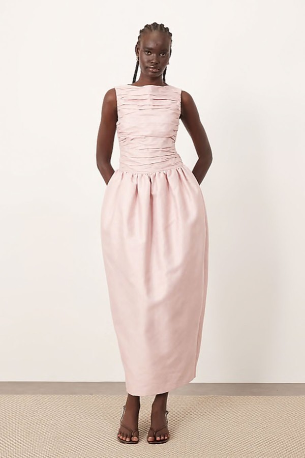 Structured Satin Cinched Waist Maxi Dress
