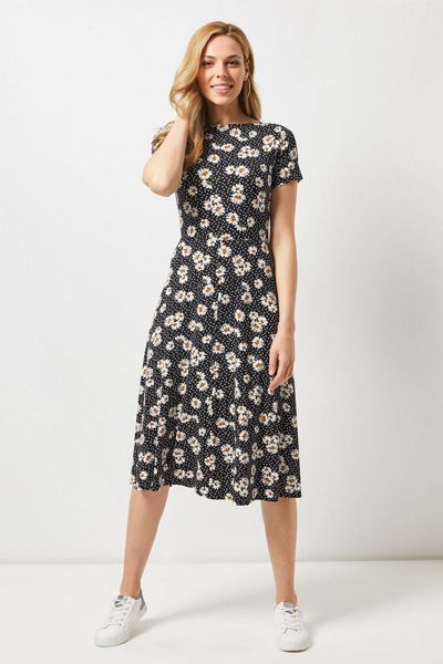 Black Daisy Print Midi Skater Dress