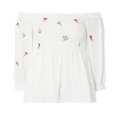 Ivory Shirred Embroidered Bardot Top
