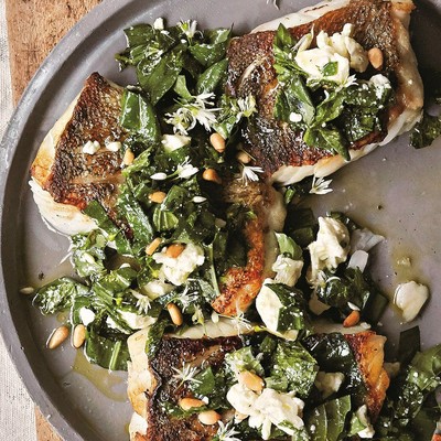 Cod With Feta, Wild Garlic And Pine Nuts