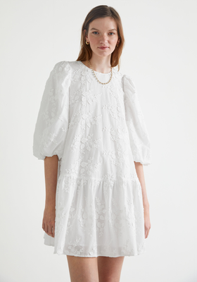 Wide Cotton Embroidery Mini Dress