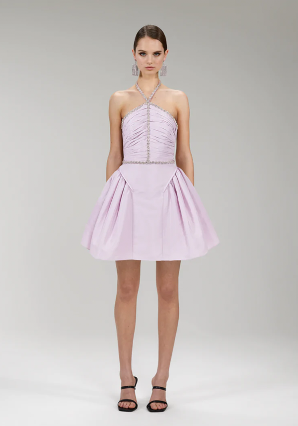 Lilac Taffeta Diamante Trim Mini Dress