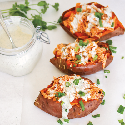 Buffalo Chicken Stuffed Sweet Potatoes