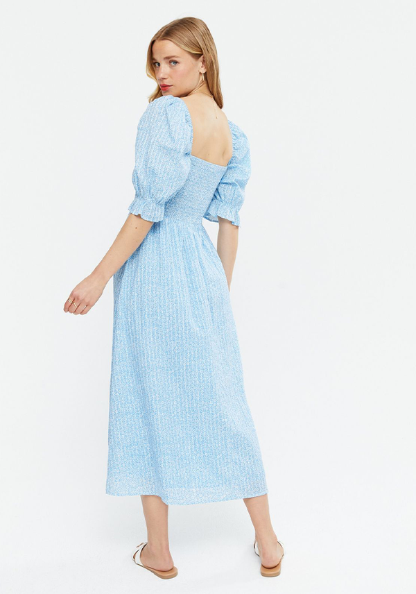 Blue Ditsy Floral Shirred Puff Sleeve Midi Dress