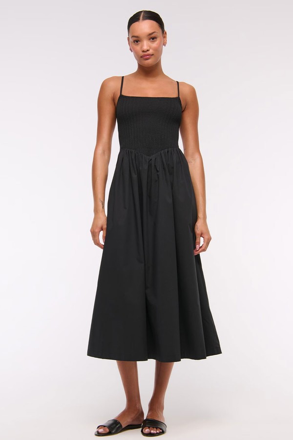 Dipped-Waist Smocked Midi Dress from Abercrombie & Fitch