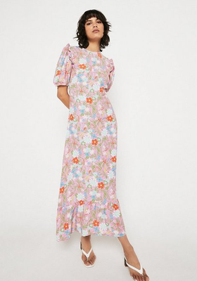 Midi Dress With Frill Hem In Pink Floral