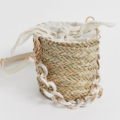 Straw Bucket Bag with Linen Tie from South Beach
