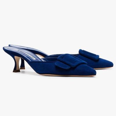 Blue Maysale 50 Buckle Detail Suede Mules from Manolo Blahnik