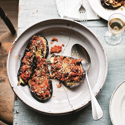 Aubergines Stuffed With Bread & Tomatoes